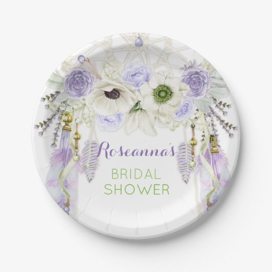 ボホドリームキャッチャー羽毛トライバルラベンダー ペーパープレート (正面)