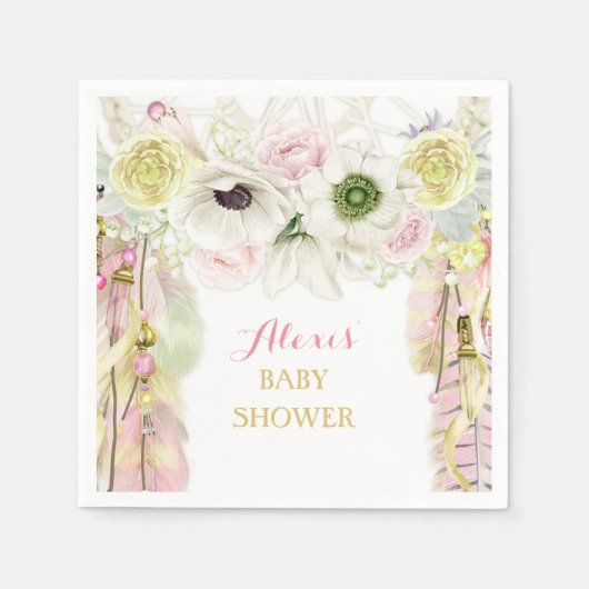 ボホドリームキャッチャー羽毛ピンクイエロー スタンダードカクテルナプキン (正面)