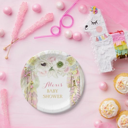 ボホドリームキャッチャー羽毛部族ピンクイエロー ペーパープレート (パーティー)