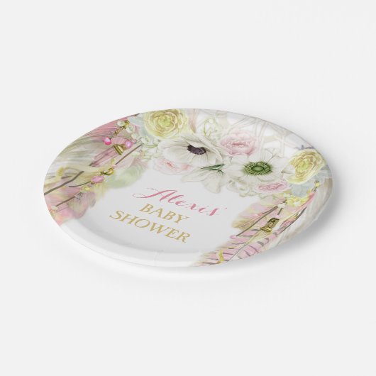 ボホドリームキャッチャー羽毛部族ピンクイエロー ペーパープレート (アングル)