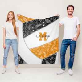ボホドードルパターンブラックオレンジバレーボール フリースブランケット