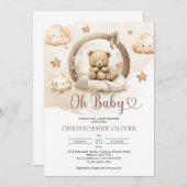 ボホニュートラルさびた茶色の眠っているテディベア 招待状 (正面/裏面)