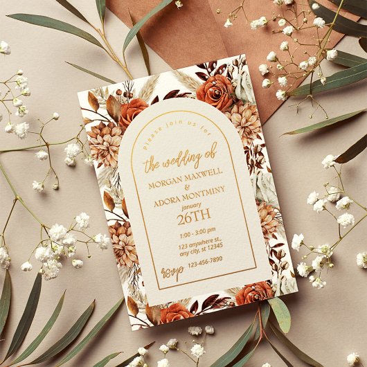 ボホニュートラルウォーターカラーパンパ結婚ス 箔招待状