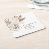 ボホニュートラルパンパスグラスブライダルシャワー スクエアペーパーコースター (アングル)