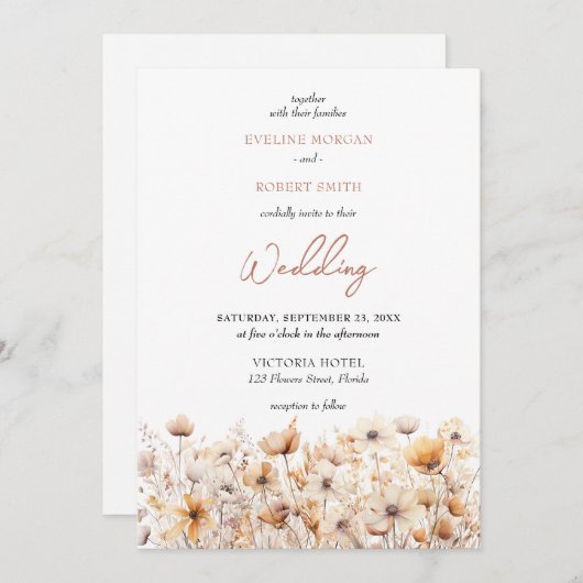 ボホニュートラル自然パステル野生の花草原 招待状 (正面/裏面)