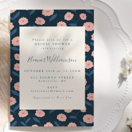 ボホネイビーとピンクの花のブライダルシャワー 招待状
