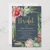 ボホネイビーピンクフローラサボテン葉ブライダルシャワー 招待状 (正面)