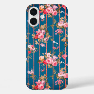 ボホネイビーブルー赤面ピンクフローラバラストライプ金ゴールド iPhone 16 PLUSケース