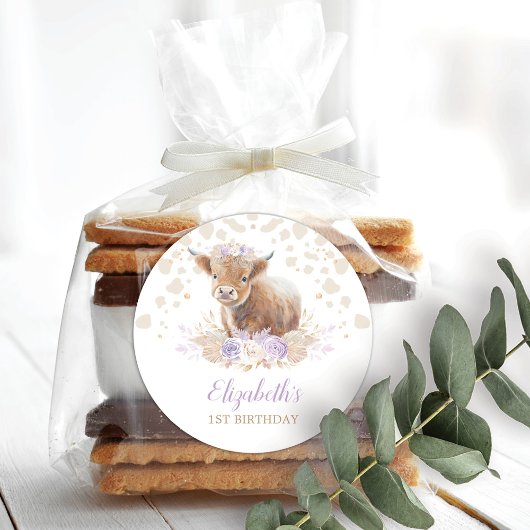 ボホハイランドカウパープルバラフローラ1st誕生日 ラウンドシール