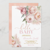 ボホハローベビーピンクローズフローラガールベビーシャワー 招待状 (正面/裏面)