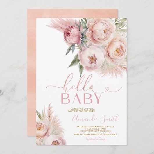 ボホハローベビーピンクローズフローラガールベビーシャワー 招待状 (正面/裏面)