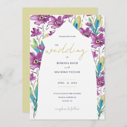 ボホバイオレットターコイズワイルドフラワーウォータカラーアート 招待状 (正面/裏面)