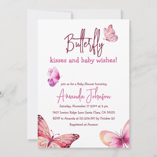 ボホバタフライキスピンクガール赤ちゃんシャワー 招待状 (正面)