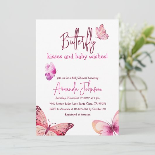 ボホバタフライキスピンクガール赤ちゃんシャワー 招待状 (スタンド正面)