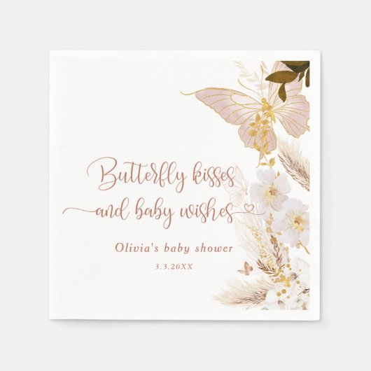 ボホバタフライキス金ゴールドフォイル赤ちゃんシャワー スタンダードカクテルナプキン (正面)