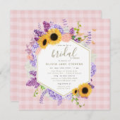 ボホバタフライサンフラワーフレームピンクブライダルシャワー 招待状 (正面/裏面)