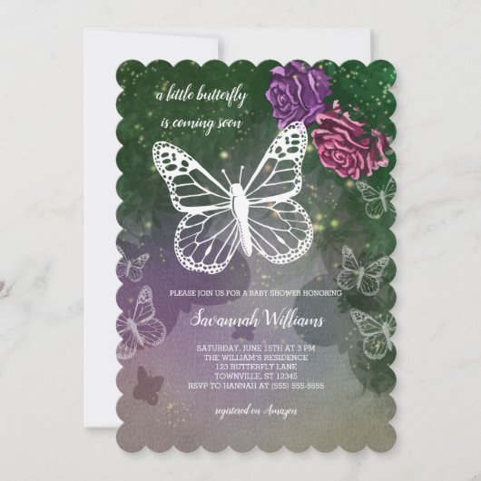 ボホバタフライベビーシャワーフローラピンクパープル 招待状 (正面)