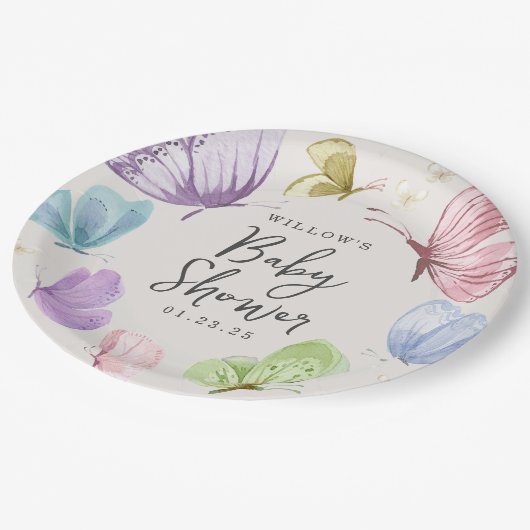 ボホバタフライベビーシャワーラウンド紙プレート ペーパープレート (アングル)