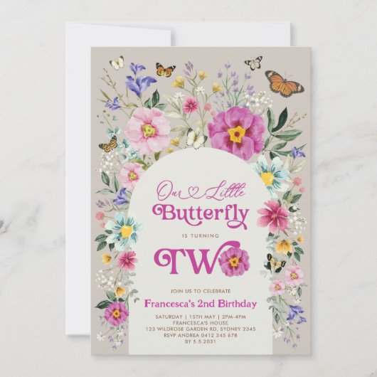 ボホバタフライワイルドフォーワーガールスバースデー 招待状 (正面)