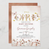 ボホバタフライワイルドフラワーガールベビーシャワー 招待状 (正面/裏面)