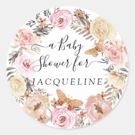 ボホバタフライ赤面フローラリース水彩ベビー ラウンドシール