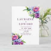 ボホバラと牡丹の紫色の水彩花束 招待状 (スタンド正面)