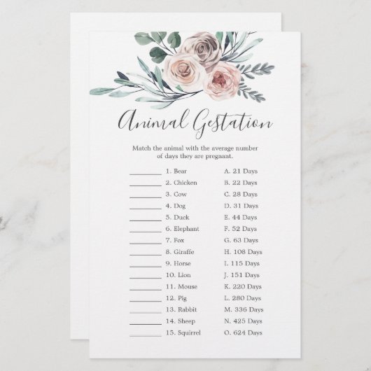 ボホバラベビーシャワー動物ゲスターションゲーム (正面/裏面)