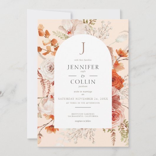 ボホバーンオレンジ秋フローラアーチモノグラムピーチ 招待状 (正面)