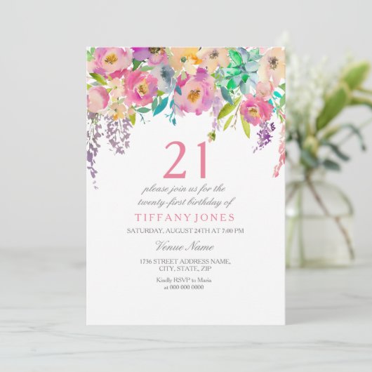 ボホパステルウォーターカラーフラワーズ21歳の誕生日パーティー 招待状 (スタンド正面)