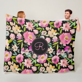 ボホパステルピンクグリーンフローラ水彩植物学 フリースブランケット