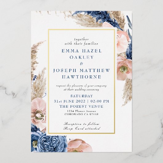 ボホパステルブルー&赤面シックフローラ結婚ズ 箔招待状 (正面)