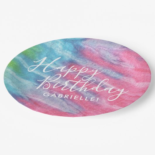 ボホパステル絞り染めハッピーバースデーウィズネーム ペーパープレート (アングル)