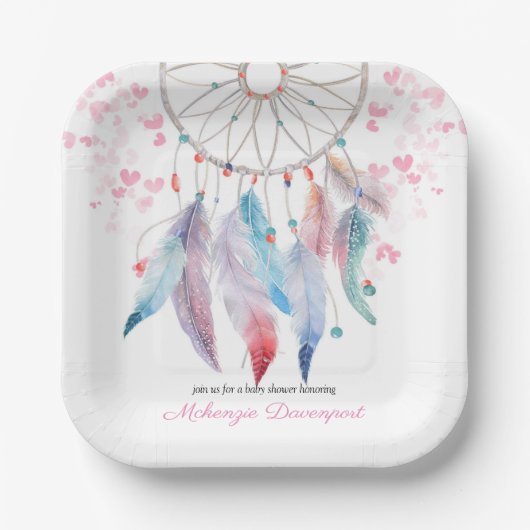 ボホパステル羽毛夢捕手ガールベイビーシャワー ペーパープレート (正面)