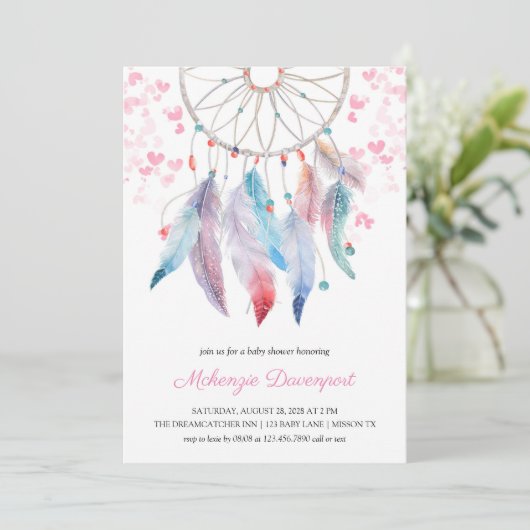 ボホパステル羽毛夢捕手ガールベイビーシャワー 招待状 (スタンド正面)