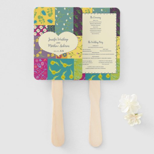 ボホパッチワークキルトマクシマリスト結婚式 プログラム ハンドファン (正面&裏面)