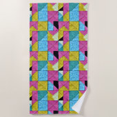 ボホパッチワークフェイクキルトピンクイエローブルー ビーチタオル (正面)