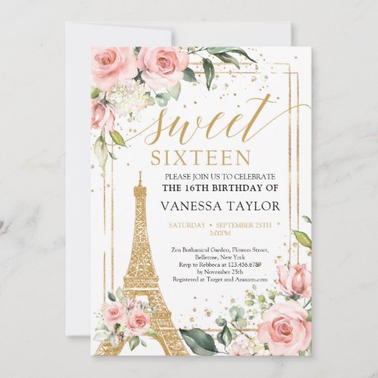 ボホパリエッフェル赤面フローラグリーンリー金ゴールド16th 招待状 (正面)
