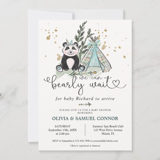 ボホパンダの赤ちゃんシャワーを待つことができる 招待状 (正面)