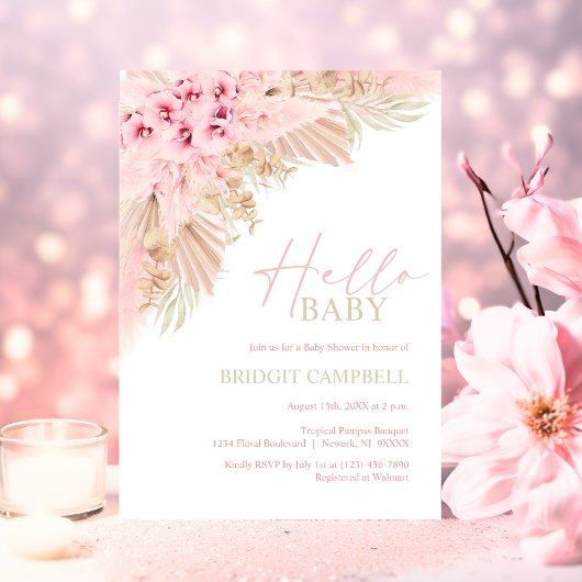 ボホパンパスオーキッズピンクニュートラルHELLOベビーシャワー 招待状