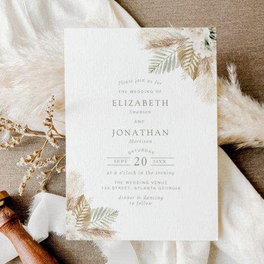 ボホパンパスグラスとセージ結婚グリーン 招待状