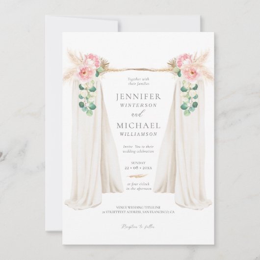 ボホパンパスグラスと緑のアーチ結婚のインビ 招待状 (正面)