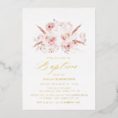 ボホパンパスグラスほこりっぽいバラフローラクロスバプテスマ 箔招待状 (正面)