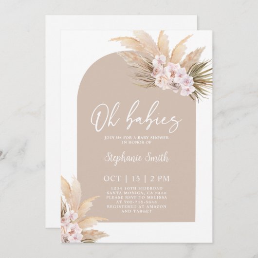 ボホパンパスグラスアーチベイビーシャワーツインガールズ 招待状 (正面/裏面)