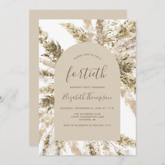 ボホパンパスグラスアーチ40歳の誕生日パーティー 招待状 (正面/裏面)