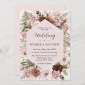 ボホパンパスグラスダスティピンクブラウンフローラ結婚ズ 招待状 (正面/裏面)