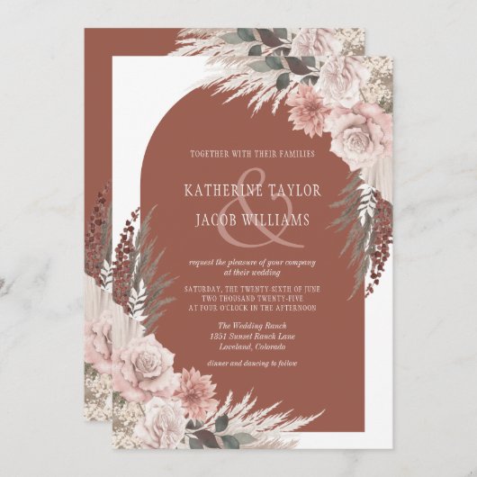 ボホパンパスグラステラコッタフローラ結婚ズインビタ 招待状 (正面/裏面)