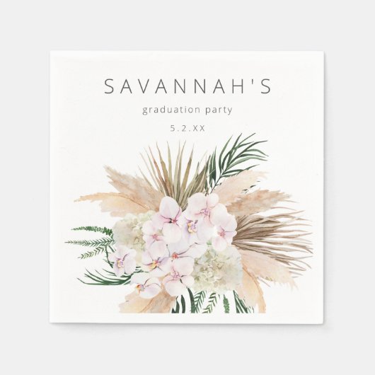 ボホパンパスグラスビーチフローラ名またはモノグラム スタンダードカクテルナプキン (正面)