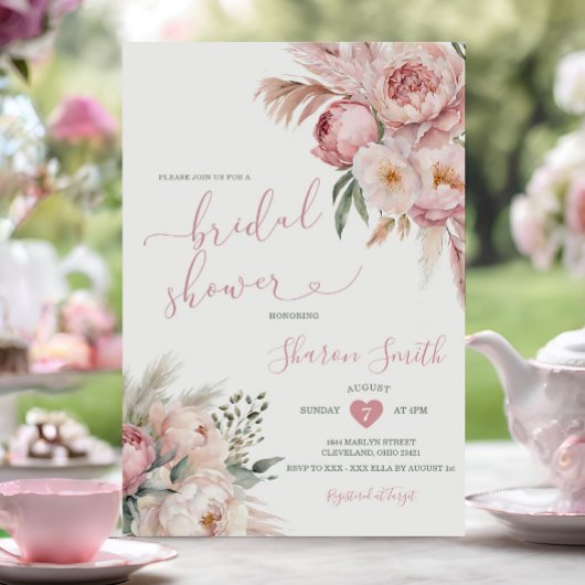 ボホパンパスグラスピンク乾燥した花ブライダルシャワー 招待状
