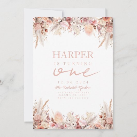 ボホパンパスグラスファースト誕生日パーティーの招待 招待状 (正面)