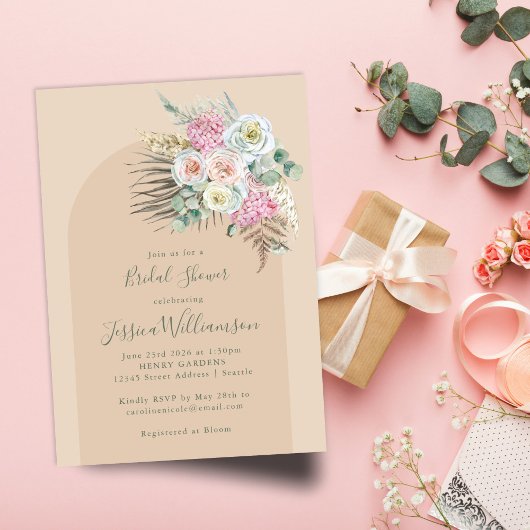 ボホパンパスグラスベージュフラワーズアーチブライダルシャワー 招待状
